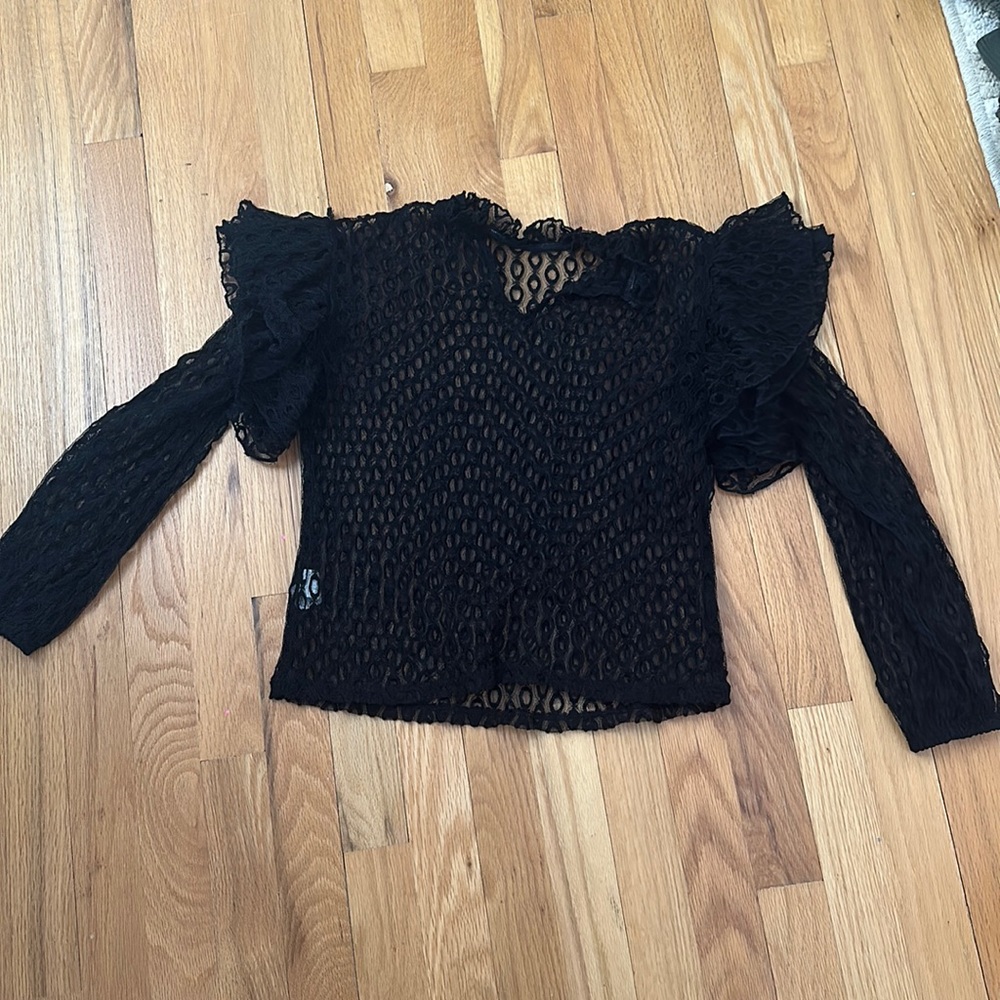 Sheer Black Top with Puffy Shoulders - size 4 petite